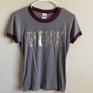 PINK Victoria's Secret Gray and Maroon Tee for Women